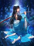  1girl absurdres backless_outfit black_hair copyright_request flower highres japanese_clothes kimono layered_clothing layered_kimono long_hair long_sleeves no_shoes purple_eyes simanerikotton sword thighhighs very_long_hair water weapon white_legwear wide_sleeves 