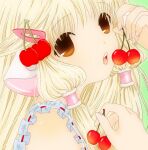  1girl android anime_coloring bangs blonde_hair brown_eyes cherry cherry_hair_ornament chii chobi_(chan_key) chobits close-up commentary_request eating eyebrows_visible_through_hair food food-themed_hair_ornament frills fruit green_background hair_ornament hairclip hand_up holding holding_food holding_fruit long_hair looking_at_viewer open_mouth partial_commentary red_ribbon ribbon ribbon_trim robot_ears sidelocks solo 