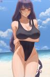  1girl arm_behind_back arm_under_breasts ass_visible_through_thighs bangs bare_arms bare_shoulders beach black_swimsuit blue_sky blunt_bangs blush braid breasts cameltoe casual_one-piece_swimsuit cleavage cloud collarbone covered_navel cowboy_shot day eyebrows_visible_through_hair genshin_impact highleg highleg_swimsuit horizon large_breasts long_hair looking_at_viewer lsls mole mole_under_eye ocean one-piece_swimsuit parted_lips pink_eyes purple_hair raiden_shogun single_braid sky smile solo swimsuit thigh_gap very_long_hair water 