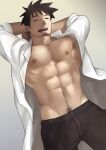  1boy abs armpit_hair arms_behind_head bara bare_pectorals brown_pants coat demi-chan_wa_kataritai drooling facial_hair feet_out_of_frame goatee gorou_naoki highres labcoat lying male_focus mature_male mouth_drool muscular muscular_male navel navel_hair nipples no_shirt on_back open_clothes open_coat pants pectorals pubic_hair pubic_hair_peek short_hair sideburns sleeping solo spiked_hair stomach takahashi_tetsuo 