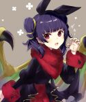  1girl alternate_costume animal_ears bangs black_dress black_hairband claw_pose commentary_request dress eyebrows_visible_through_hair fake_animal_ears fang fire_emblem fire_emblem:_the_sacred_stones fire_emblem_heroes fur-trimmed_sleeves fur_trim green_wings grey_background hairband halloween halloween_costume hand_up haru_(nakajou-28) highres long_sleeves looking_at_viewer myrrh_(fire_emblem) official_alternate_costume open_mouth puffy_long_sleeves puffy_sleeves purple_hair rabbit_ears red_eyes simple_background solo twintails wings 