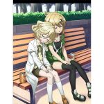  2girls akatsuki_kirika artist_request black_legwear blonde_hair blush breasts closed_eyes elfnein hair_ornament head_on_another&#039;s_shoulder jewelry labcoat multiple_girls necklace official_art on_bench open_mouth outdoors senki_zesshou_symphogear senki_zesshou_symphogear_xd_unlimited shiny shiny_hair short_hair small_breasts thighhighs white_legwear x_hair_ornament yuri 