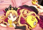  1girl absurdres blonde_hair cellphone copyright_name ereshkigal_(fate) fate/grand_order fate_(series) feet_out_of_frame high_heels highres holding holding_phone lying magazine_scan morita_kazuaki newtype official_art on_stomach phone pink_background red_eyes scan smartphone solo 