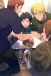  4boys bangs beef black_hair blonde_hair bowl brown_hair casual clothes_writing collared_shirt curtains echo_(circa) food grin indoors kazama_souya kizaki_reiji leaning_forward long_sleeves male_focus multiple_boys plaid red_eyes red_hair shirt short_hair short_sleeves sitting smile spiked_hair standing suwa_koutarou t-shirt table terashima_raizou tray world_trigger 