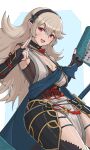  1girl alternate_costume armor bangs blush bodysuit breasts corrin_(fire_emblem) corrin_(fire_emblem)_(female) fire_emblem fire_emblem_fates fire_emblem_heroes fishnets gloves gonzarez hair_between_eyes hair_ornament hairband highres japanese_clothes kimono kunai long_hair looking_at_viewer manakete ninja official_alternate_costume open_mouth pointy_ears red_eyes scarf short_kimono silver_hair simple_background smile solo thighhighs weapon white_hair 