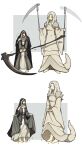  2girls ashes_of_ariandel barefoot cloak dark_souls_(series) dark_souls_i dark_souls_iii donar0217 dragon_girl fluffy height_difference holding holding_scythe hood hooded_cloak long_hair multiple_girls priscilla_the_crossbreed scythe sister_friede tail white_hair 