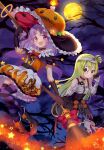  2girls aqua_eyes arm_up bare_shoulders blue_background boots branch broom bubble_skirt candle chain elbow_gloves flying full_moon gloves green_hair halloween halloween_costume hand_up highres looking_at_viewer looking_away magia_record:_mahou_shoujo_madoka_magica_gaiden mahou_shoujo_madoka_magica moon multicolored_clothes multicolored_legwear multiple_girls night night_sky open_mouth pumpkin purple_eyes purple_hair ribbon ruru_(rurumagi) skirt sky star_(symbol) thighhighs 