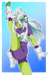  1girl :d alternate_hair_length alternate_hairstyle armor bangs blush bodysuit breasts cheelai colored_skin commentary dragon_ball dragon_ball_super gloves green_skin headgear leg_up long_hair looking_at_viewer onnaski open_mouth outside_border purple_bodysuit purple_eyes scouter shorts simple_background smile solo split standing standing_on_one_leg standing_split white_gloves white_hair 