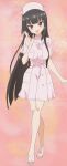  1girl absurdres atre black_hair blush breasts eyebrows_visible_through_hair full_body hat highres jashin-chan_dropkick large_breasts long_hair looking_at_viewer nurse nurse_cap open_mouth red_eyes sandals shino_(yaruki_nai_yatsu) shiny shiny_hair short_sleeves simple_background smile solo standing 