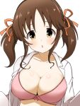  1girl bra breasts brown_eyes brown_hair cleavage collarbone collared_shirt hair_ribbon highres idolmaster idolmaster_cinderella_girls large_breasts long_sleeves looking_at_viewer open_clothes open_mouth petsuo_(penpen) pink_bra ribbon shirt simple_background solo totoki_airi twintails underwear white_background white_shirt 