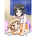  2girls artist_request bare_shoulders bed black_hair blonde_hair blue_eyes blush breasts brown_eyes cleavage closed_mouth collarbone eyebrows_visible_through_hair hair_ornament hairclip holding_hands indoors kohinata_miku multiple_girls official_art on_bed open_mouth scar senki_zesshou_symphogear senki_zesshou_symphogear_xd_unlimited shiny shiny_hair shiny_skin short_hair small_breasts smile tachibana_hibiki_(symphogear) yuri 