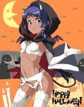  1girl alice_gear_aegis bat bat_wings black_hoodie blue_hair bra candle commentary_request dark_skin demon_tail elbow_gloves fang garter_belt gloves green_eyes halloween highleg highleg_panties highres hood hoodie moon panties shanti_rana solo tabigarasu tail underwear white_bra white_garter_belt white_gloves white_legwear white_panties wings 