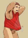  1boy armpit_hair armpits arms_behind_head bara blush bottomless bulge cum cum_in_clothes cum_through_clothes erection erection_under_clothes feet_out_of_frame gorou_naoki highres long_sideburns looking_at_viewer male_focus male_pubic_hair muscular muscular_male nipple_slip nipples pectorals pubic_hair red_tank_top scar scar_on_cheek scar_on_face see-through_silhouette short_hair sideburns sidepec solo sweatdrop tank_top thick_eyebrows thick_thighs thighs 