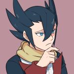 1boy bangs black_hair black_jacket brown_background closed_mouth frown grimsley_(pokemon) hair_between_eyes hand_up highres jacket long_sleeves male_focus pkpokopoko3 pokemon pokemon_(game) pokemon_bw raised_eyebrow scarf shirt short_hair sideburns simple_background solo spiked_hair symbol-only_commentary upper_body white_shirt yellow_scarf 