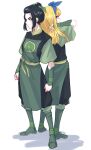  2girls absurdres avatar:_the_last_airbender avatar_(series) azula azula_(cosplay) back-to-back bangs black_hair blue_hairband breasts bully_girl_(popopoka) character_request clenched_hands cosplay full_body green_ribbon grey_background hair_ribbon hairband highres long_hair long_sleeves multiple_girls original popopoka ribbon shoes short_hair short_sleeves simple_background small_breasts smile standing 