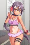 1girl akebono_(kancolle) bare_arms bare_shoulders bell bikini bikini_pull bikini_skirt blush breasts choker clothes_pull commentary_request cowboy_shot depth_charge flower groin hair_bell hair_flower hair_ornament highres indoors jewelry jingle_bell kantai_collection long_hair one-piece_tan purple_eyes purple_hair ring ring_necklace scrunchie side_ponytail skindentation skirt skirt_removed small_breasts solo stomach swimsuit tan tanlines thigh_strap very_long_hair wedding_band wrist_scrunchie yuki_to_hana 
