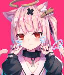  1girl :3 absurdres animal_ear_fluff animal_ears bangs black_nails blush broken_halo cat_ears cat_girl cat_tail closed_mouth collarbone commentary_request crown drawn_whiskers drawn_wings dress eyebrows_visible_through_hair hair_ornament halo hands_up highres indie_virtual_youtuber long_sleeves looking_at_viewer masaki_(msk064) mini_crown nail_polish one_side_up pink_dress pink_hair puffy_long_sleeves puffy_sleeves red_background red_eyes simple_background sleeves_past_wrists solo tail tail_raised tilted_headwear tokusari_kukuri virtual_youtuber x_hair_ornament 