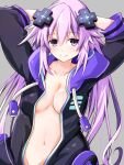  1girl adult_neptune arms_behind_head arms_up blush breasts cleavage commentary_request d-pad d-pad_hair_ornament groin hair_between_eyes hair_ornament hood hooded_jacket iwashi_dorobou_-r- jacket long_hair looking_at_viewer medium_breasts midriff navel neptune_(series) no_bra no_choker no_panties open_clothes open_jacket out-of-frame_censoring purple_eyes purple_hair self_exposure shin_jigen_game_neptune_vii simple_background smile solo usb very_long_hair 