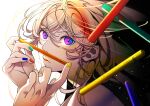  1other absurdres ayukawa_ryuuji blue_nails blue_period blurry blurry_foreground eyelashes fingernails green_nails hands_up highres lips long_hair looking_at_viewer multicolored_background nail_polish orange_nails purple_eyes sibato5 simple_background solo upper_body yellow_nails 