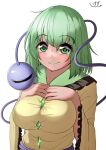  1girl bangs blush breasts collared_shirt commentary_request diamond_(shape) eyeball eyebrows_visible_through_hair frilled_shirt_collar frilled_sleeves frills green_eyes green_hair komeiji_koishi large_breasts long_sleeves looking_at_viewer no_hat no_headwear onkona_minazuki shirt short_hair simple_background smile solo third_eye touhou white_background wide_sleeves yellow_shirt 