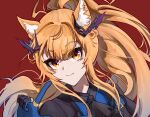  1girl animal_ear_fluff animal_ears arknights ascot bangs black_ascot black_shirt blemishine_(arknights) blemishine_(moon_catastrborn)_(arknights) blonde_hair eyebrows_visible_through_hair gloves hair_ornament hand_up highres index_finger_raised long_hair looking_at_viewer official_alternate_costume portrait red_background shirt sidelocks simple_background smile solo yellow_eyes yi1ling0 