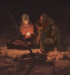  1boy 1girl armor ashen_one_(dark_souls_3) blonde_hair bonfire bonfire_(dark_souls) covered_eyes dark_souls_(series) dark_souls_iii fire_keeper from_software full_armor helmet robe sitting sword third-party_source wachtelspinat weapon 