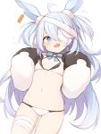  1girl animal_ears arms_up bandage_over_one_eye bandages bikini blue_eyes blue_hair breasts ear_tag gloves hands_on_own_chest highres little_witch_nobeta long_hair monica_(little_witch_nobeta) mou_tama_maru navel open_mouth rabbit_ears sharp_teeth simple_background small_breasts solo swimsuit teeth thigh_gap thighs two_side_up very_long_hair white_background white_bikini white_gloves 