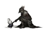  1boy 1other bloodborne boots cape crossover gloves hat highres hollow_knight horns hunter_(bloodborne) knight_(hollow_knight) scarf short_hair size_difference torn_cape torn_clothes valdotpng 