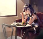  1girl bangs black_gloves black_legwear blue_bow blue_bowtie blue_eyes bow bowtie breasts chair commentary_typo couch cup food fruit_tart gloves gloves_removed hair_intakes head_chain highres holding holding_clothes holding_gloves hololive hololive_english indoors large_breasts leaning_on_table looking_at_viewer on_couch ouro_kronii plate santafe99 sitting skirt sleeveless solo striped teacup turtleneck veil virtual_youtuber water 