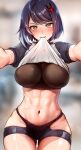  1girl abs absurdres bangs black_shorts blurry blurry_background blush breasts closed_mouth clothes_lift eyebrows_visible_through_hair foreshortening foxyreine genshin_impact groin hair_ornament highres hip_vent kujou_sara large_breasts lifted_by_self looking_at_viewer meme mouth_hold muscular muscular_female my_little_pogchamp_(meme) navel outstretched_arms patreon_logo raglan_sleeves reaching_out shiny shiny_hair shiny_skin shirt_lift short_hair short_shorts short_sleeves shorts signature skindentation solo sports_bra steaming_body sweat swept_bangs t-back t-back_spats thighs toned watermark web_address 