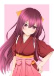  1girl bell_shireikan bow breasts hair_bow hakama hakama_skirt highres japanese_clothes kamikaze_(kancolle) kantai_collection kimono long_hair meiji_schoolgirl_uniform pink_hakama purple_eyes purple_hair red_kimono skirt small_breasts solo yellow_bow 