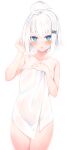 1girl ahoge blue_eyes blush breasts collarbone commentary_request eyebrows_visible_through_hair hair_between_eyes hair_ornament hairclip highres looking_at_viewer naked_towel original otokuyou ringo-chan_(otokuyou) short_hair simple_background small_breasts solo towel tsurime white_background white_hair 