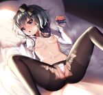  1girl absurdres anchor bangs black_hair black_legwear blush breasts cameltoe commentary_request crotch_seam cum cum_in_navel cum_on_body cum_on_breasts cum_on_hair dress eyebrows_visible_through_hair fang gradient_hair hat headgear highres kantai_collection long_sleeves looking_at_viewer lying mini_hat multicolored_hair navel nipples on_back on_bed open_clothes open_mouth open_shirt panties panties_under_pantyhose pantyhose pillow purple_eyes sailor_collar sailor_dress school_uniform serafuku short_hair short_hair_with_long_locks small_breasts solo spread_legs tokitsukaze_(kancolle) torn_clothes torn_legwear underwear white_panties yufukiri 