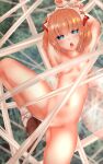  1girl arm_up armpits ass_visible_through_thighs blonde_hair blue_eyes breasts brown_footwear collarbone eyebrows_visible_through_hair highres midriff navel nude open_mouth orange_hair restrained short_hair shounen_(hogehoge) silk small_breasts spider_web stomach sunny_milk thighs tongue tongue_out touhou 