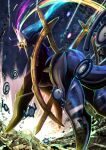  .pundan absurdres arceus commentary_request eye_trail from_below glowing highres looking_back night no_humans outdoors pokemon pokemon_(creature) sky star_(sky) unown 