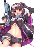  1girl bangs black_gloves black_jacket black_shorts blush breasts brown_hair fate/grand_order fate_(series) gloves goggles goggles_on_head gun jacket kouzuki_tsubasa_(musou_kaidou) large_breasts long_hair long_sleeves looking_at_viewer low_twintails navel open_mouth osakabe-hime_(fate) osakabe-hime_(swimsuit_archer)_(fate) purple_eyes short_shorts shorts ski_goggles smile solo thigh_strap thighs twintails very_long_hair weapon white_background 