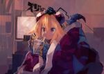  1girl absurdres bangs blanket blonde_hair chopsticks commentary_request cup_ramen eating highres holding holding_chopsticks indoors kaamin_(mariarose753) medium_hair original red_eyes reptile_girl solo tail tokage_(kaamin) upper_body 