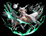  1girl absurdres belt black_background breasts dark-skinned_female dark_skin full_body grey_hair guilty_gear guilty_gear_strive hat highres iranon_(new_iranon) long_hair lucifero medium_breasts midriff orange_eyes ramlethal_valentine short_shorts shorts simple_background solo thigh_strap yellow_eyes 