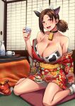  1girl akabeko alcohol animal_ears animal_print architecture bell bikini bottle breasts brown_eyes brown_hair choko_(cup) collarbone cow cow_ears cow_horns cow_print cup drinking east_asian_architecture fake_animal_ears fake_horns hair_ornament hairclip happy_new_year highres holding holding_cup horns japanese_clothes jewelry kimono kotatsu large_breasts long_hair looking_at_viewer necklace new_year original sakazuki sake sake_bottle shigatsu_itsuka sitting solo swimsuit table tatami 
