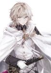  1boy ahoge artist_name belt blonde_hair blue_eyes cape closed_mouth gloves holding holding_sword holding_weapon hyakuya_mikaela keiuu long_sleeves looking_at_viewer military military_uniform owari_no_seraph short_hair simple_background sword uniform weapon white_background white_cape white_gloves 