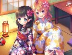  2girls :d asa_no_ha_(awayuki) bangs barefoot black_hair blunt_bangs blush breasts brown_hair closed_mouth cup eyebrows_behind_hair floral_print flower hair_flower hair_ornament hairclip indoors japanese_clothes kimono knees_up lantern large_breasts long_hair looking_at_viewer mimikaki_rifure multiple_girls obi official_art open_mouth purple_eyes sash seiza sitting smile soles somei_yoshino_(mimikaki_rifure) table tatami teeth toes upper_teeth window 