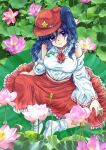  1girl bangs bare_shoulders blue_hair breasts cabbie_hat detached_sleeves extra eyelashes flat_cap flower frilled_skirt frills hat highres label_girl_(dipp) large_breasts long_skirt mandarin_collar medium_hair midriff myouga_teien navel no_shoes outdoors purple_eyes red_headwear red_neckwear red_ribbon red_skirt ribbon side_ponytail sitting skirt socks star_(symbol) touhou vest white_legwear white_sleeves white_vest wide_sleeves 