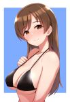  1girl bangs bare_arms bare_shoulders bikini bikini_top black_bikini blue_background blush border breasts brown_eyes brown_hair cleavage closed_mouth collarbone commentary_request eyebrows_visible_through_hair from_side halter_top halterneck hand_on_own_chest hand_up idolmaster idolmaster_cinderella_girls large_breasts long_hair looking_at_viewer looking_to_the_side nitta_minami nose_blush outside_border shiny shiny_hair simple_background smile solo string_bikini swimsuit tomajiyama underboob upper_body white_border 