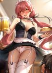  1boy 1girl absurdres alcohol apron bangs beer beer_mug black_dress blurry blurry_background blush bow bow_panties bread breasts cameltoe chinese_commentary clothes_lift commentary_request cowboy_shot cup dress dress_lift earrings eyebrows_visible_through_hair food garter_straps hair_between_eyes hair_ribbon highres holding holding_cup holding_plate hua-j jewelry large_breasts long_hair maid maid_headdress mole mole_on_arm mole_on_breast mole_on_thigh mole_under_eye mug nail_polish open_mouth original panties plate red_bow red_eyes red_hair red_nails ribbon sad_smile sleeveless sleeveless_dress solo_focus standing sweat teeth thighhighs thighs underwear upper_teeth very_long_hair white_apron white_legwear white_panties wind wind_lift wrist_cuffs 