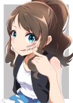  1girl absurdres anniversary blue_eyes breasts brown_hair commentary_request denim denim_shorts highres hilda_(pokemon) long_hair looking_at_viewer negimiso1989 pokemon pokemon_(game) pokemon_bw ponytail shorts smile solo tongue tongue_out vest 
