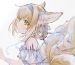  1girl animal_ears arknights bare_shoulders blonde_hair blue_hairband blue_ribbon braid commentary dress fox_ears fox_girl fox_tail from_side green_eyes hair_ribbon hairband highres kitsune looking_up multiple_tails ribbon short_hair simple_background solo suzuran_(arknights) syukonbu tail white_background white_dress 