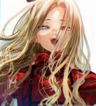  1girl backlighting blonde_hair blush dress fangs floating_hair freckles heterochromia highres isshiki_(ffmania7) long_hair looking_at_viewer open_mouth original red_dress red_eyes short_eyebrows simple_background smile solo teeth upper_body vampire white_eyes 