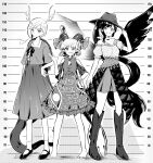  3girls antlers barefoot black_hair black_wings boots collarbone cowboy_boots cowboy_hat cowboy_western curly_hair detached_sleeves dragon_girl dragon_horns dragon_tail earrings feathered_wings greyscale hat height_chart highres holding_spork horn_ornament horn_ribbon horns horse_girl horse_tail jewelry kachuten kicchou_yachie kurokoma_saki long_skirt mary_janes meandros monochrome multiple_girls off-shoulder_shirt off_shoulder oversized_object patterned_clothing pegasus_wings pointy_ears ponytail ribbon sharp_teeth sheep_horns shirt shoes short_hair short_sleeves skirt spork standing tail teeth touhou toutetsu_yuuma turtle_shell wings 