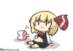  1girl absurdres among_us black_skirt black_vest blonde_hair blood blood_on_face bone chibi commentary goma_(gomasamune) hair_between_eyes hair_ribbon highres long_sleeves navel necktie open_mouth ribbon rumia shadow short_hair sitting skirt solo stomach_bulge touhou twitter_username vest white_background 