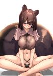  1girl animal_ears babydoll breasts brown_eyes brown_hair capelet cross-laced_clothes cross-laced_panties crossed_legs futatsuiwa_mamizou glasses heart heart-shaped_pupils highres lace large_breasts mole mole_under_eye on_ground panties raccoon_ears raccoon_tail see-through simple_background sitting smile solo symbol-shaped_pupils tail tanuki touhou underwear white_background yukito_(dreamrider) 